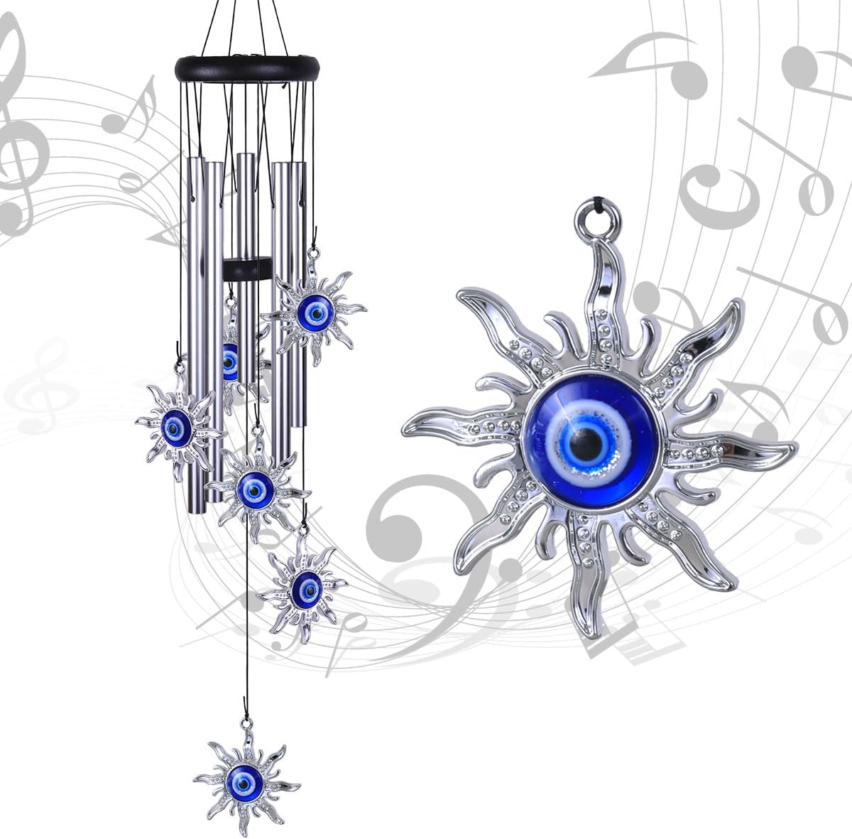 Blue Evil Eye Sun Wind Chimes Outdoor Decor, Mobile Sun Evil Eye Windcatcher, Evil Eye Sun Wind