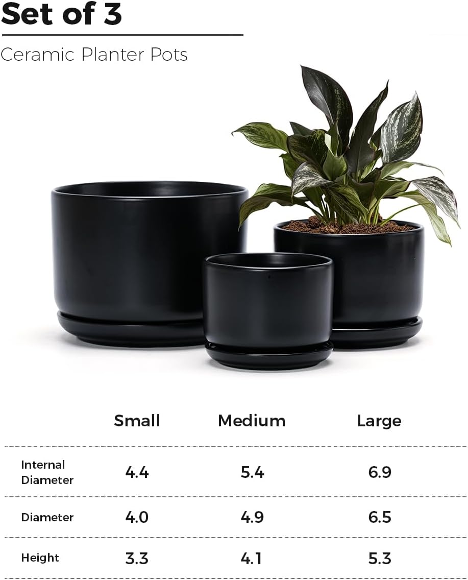 Ton Sin Plant Pots, 4.1+5.1+6.5 inch, Set of 3, Ceramic Planters with Drainage Hole and Saucer