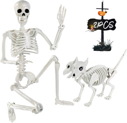 YUJUN 36'' Halloween Skeleton Decoration with 2Head Dog Skeleton, Full Body Posable Skeleton