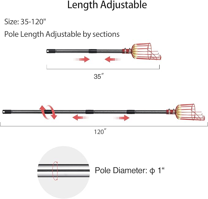 DonSail Fruit Picker Pole Tool with Basket Telescoping - Adjustable Mango Picker 35-120 inch Long
