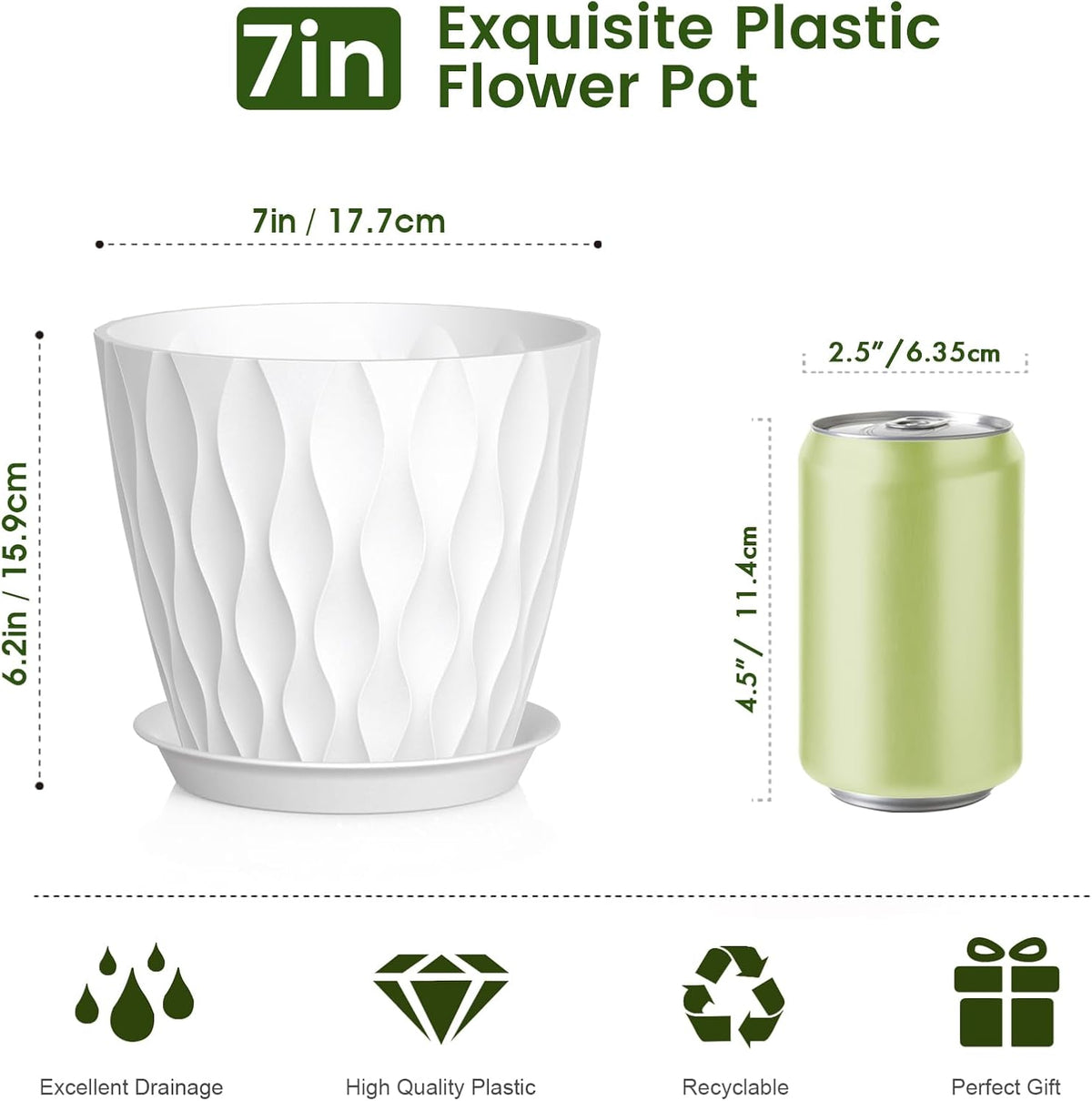 7 inch Plant Pots for Indoor Outdoor Plants, 5 Pack Thick Nursery Pots with Drainage Holes and
