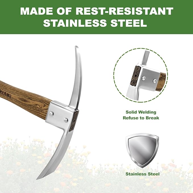 Haliaeetus Pick Axe, Stainless Steel Mattock with Sharp Pick and Cutting Edge for Breaking up Heavy
