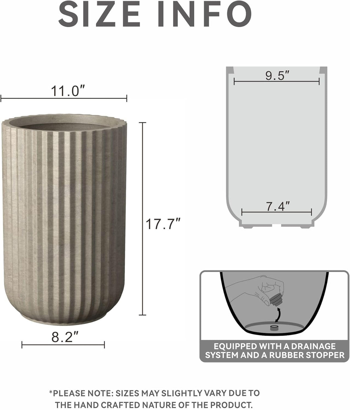 Kante Tall Fulted Planter, 17.7 Inch Tall Round Concrete Plant Pots with Drainage Hole and Rubber