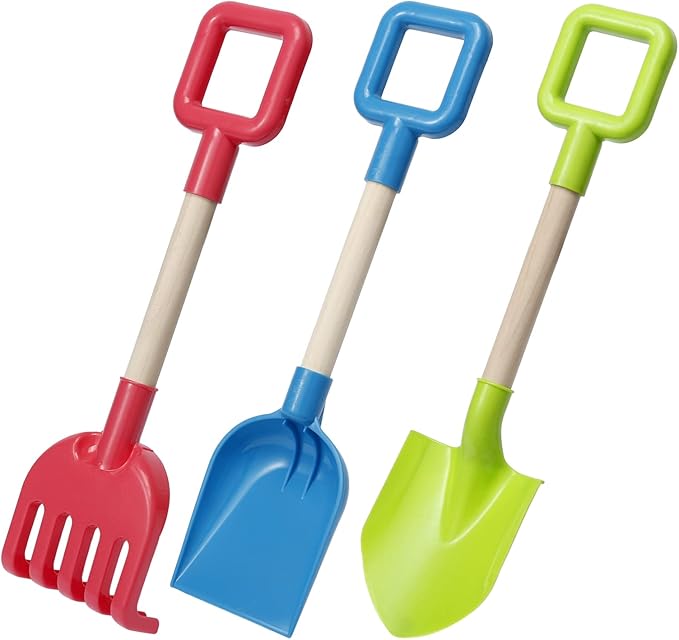 Jumbo Beach Shovels Rake Spade Toys Set for Kids, 16" Long Wooden Handle ABS Plastic Sand Scoop