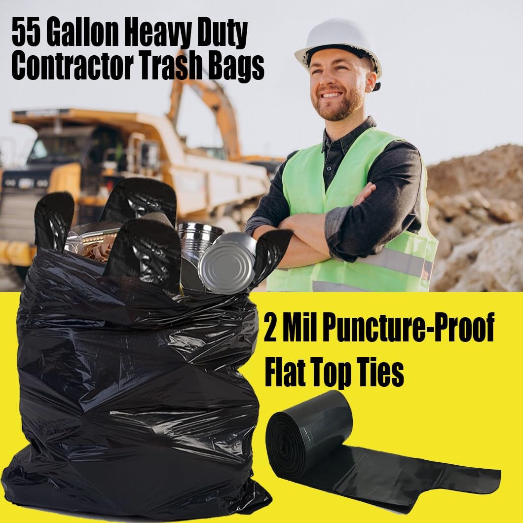 Contractor Heavy Duty Trash Bags 55 Gallon | 52 Count | 2 MIL | 36" X 56" | Large Black Flap Tie