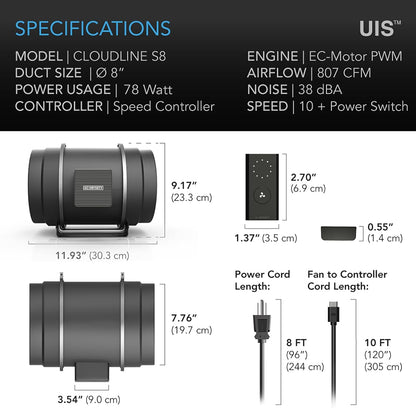 AC Infinity CLOUDLINE S8 PRO, Quiet 8” Inline Duct Fan with 10-Speed Controller, EC-Motor