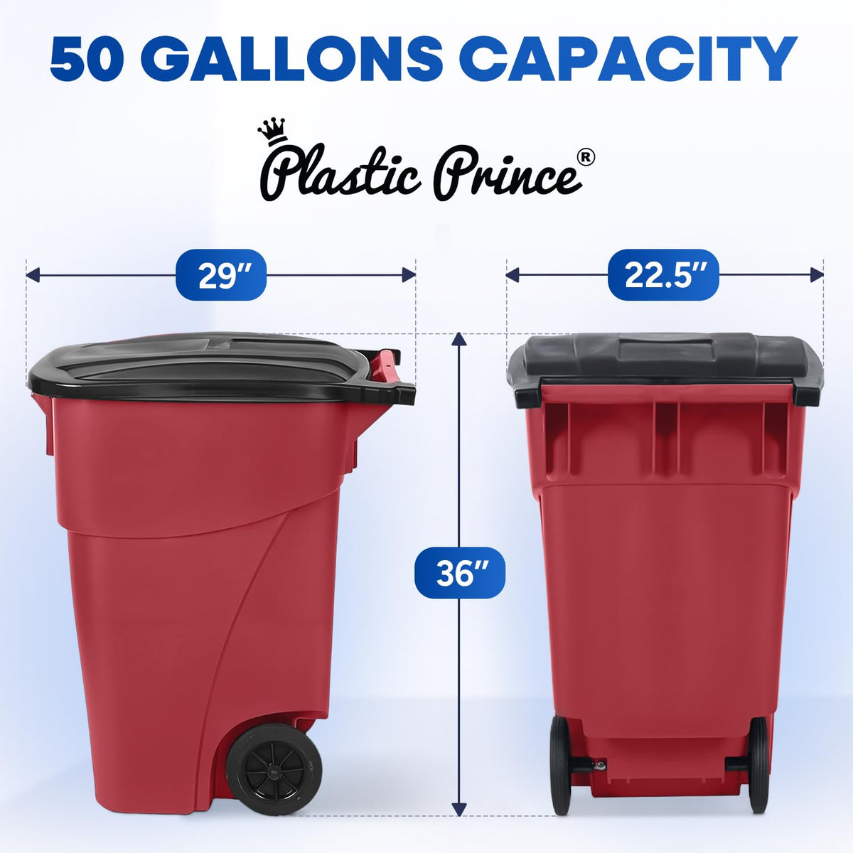 50 Gallon Trash Can, Red Outdoor Garbage Can, Wheeled Outside Trash Bin, Outdoor with Lid and