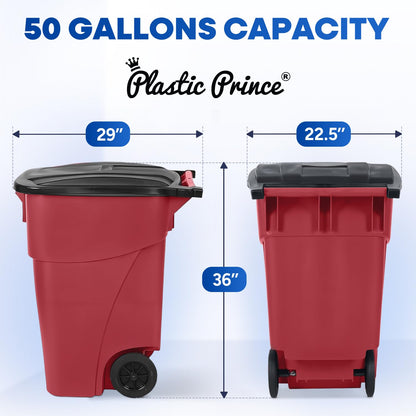 50 Gallon Trash Can, Red Outdoor Garbage Can, Wheeled Outside Trash Bin, Outdoor with Lid and
