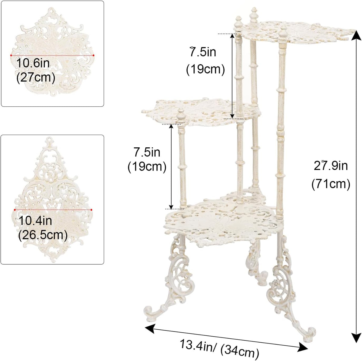 Sungmor Vintage Cast Iron 3-Tier Plant Stand, Elegant Butterfly & Floral Design with Antique White