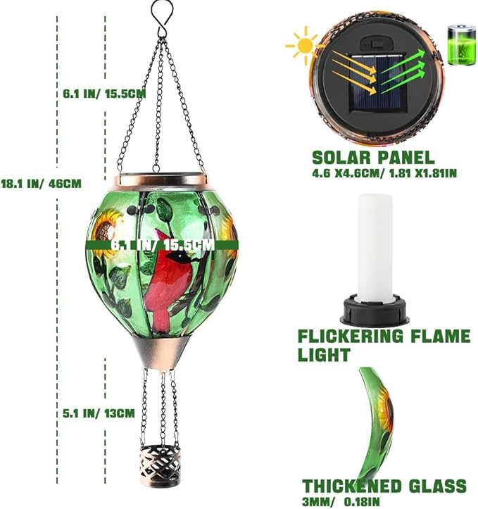 Hot Air Balloon Solar Lantern - Cardinal Bird Glass Lantern, Simulated Flickering & Dancing Flame