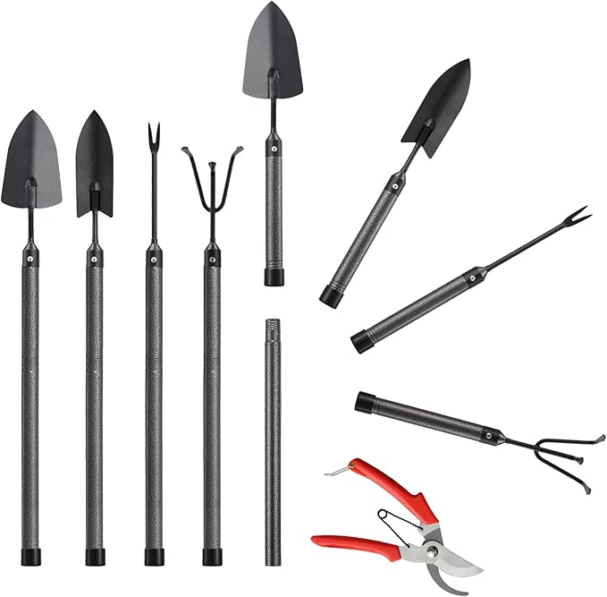 Garden Tool Set, 5Pcs Garden Tools with Extensions, Heavy Duty Rustproof Metal Gardening Tool