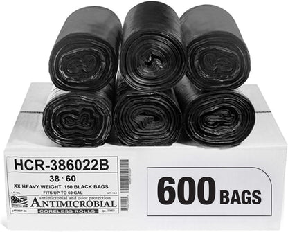 Aluf Plastics High Density Trash Bags, 60 Gallon, 600 Count, 22 Micron (eq), 38" x 60", Black, for