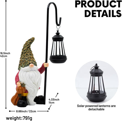 Garden Gnome with Solar Lantern, Maple Leaves Hat, Outdoor Garden Figurine Lights, Unique Gift for