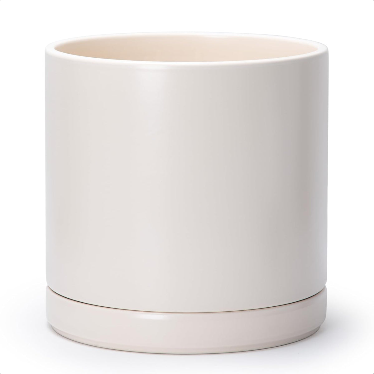 D'vine Dev 12 Inch Ceramic Planter Pot with Drainage Hole and Saucer, Indoor Cylinder Round Planter