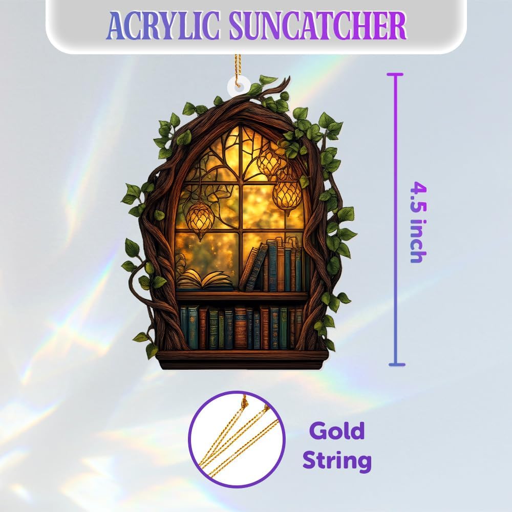 Gothic Window Book Ornament – Stained Glass Style Acrylic Christmas Ornament with Books & Ivy