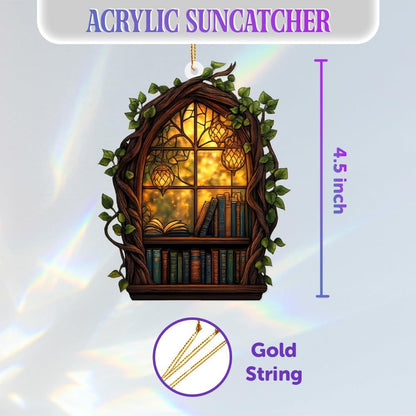 Gothic Window Book Ornament – Stained Glass Style Acrylic Christmas Ornament with Books & Ivy