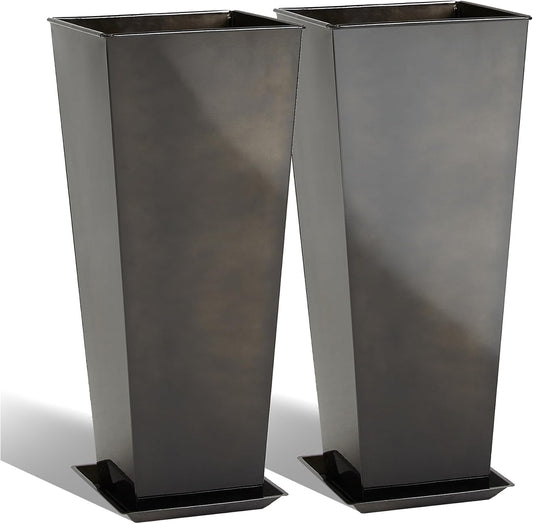 KOL 25''H. Bright Glazed Planter with Drainage Hole, Set of 2, Tall Galvanized Steel Planter Pots