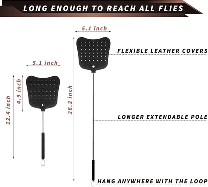 Foxany Leather Fly Swatter, Telescopic Fly Swatters Heavy Duty Set, Flexible Manual Flyswatters