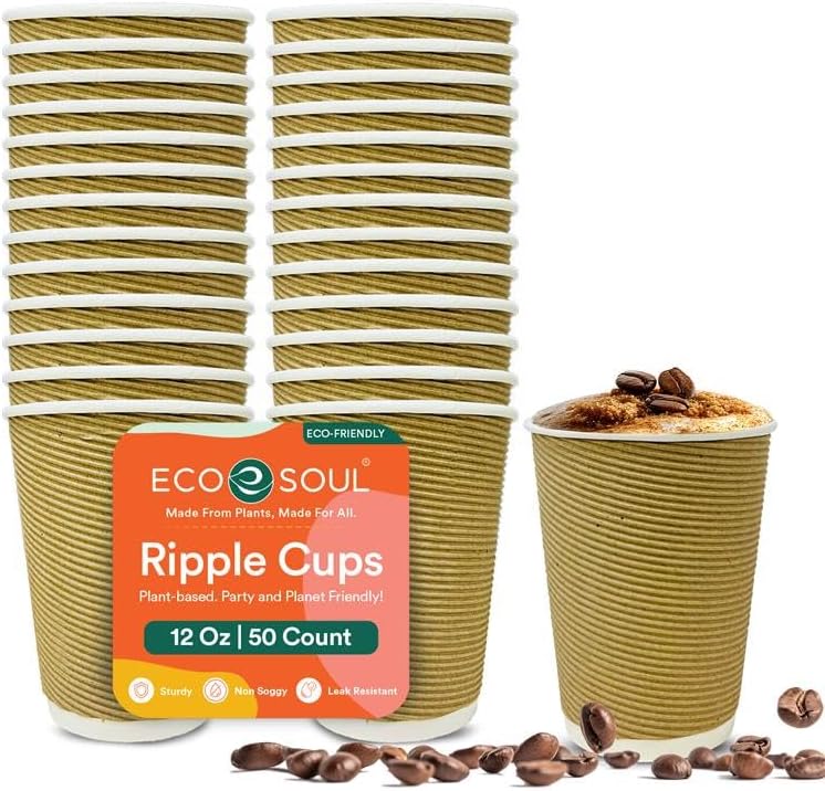 ECO SOUL 12oz Compostable Ripple Cups (50 Pack) – Biodegradable Paper Cups, Non-Toxic Disposable