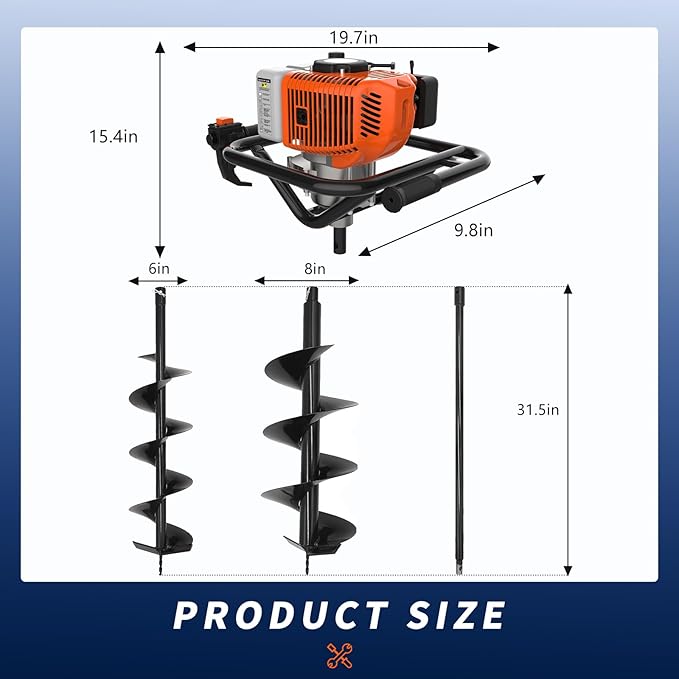 62cc 2-Stroke Auger Post Hole Digger with 2 Extension Rods & 6" & 8" Auger Bits - Gas Powered Earth
