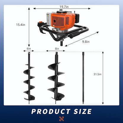 62cc 2-Stroke Auger Post Hole Digger with 2 Extension Rods & 6" & 8" Auger Bits - Gas Powered Earth