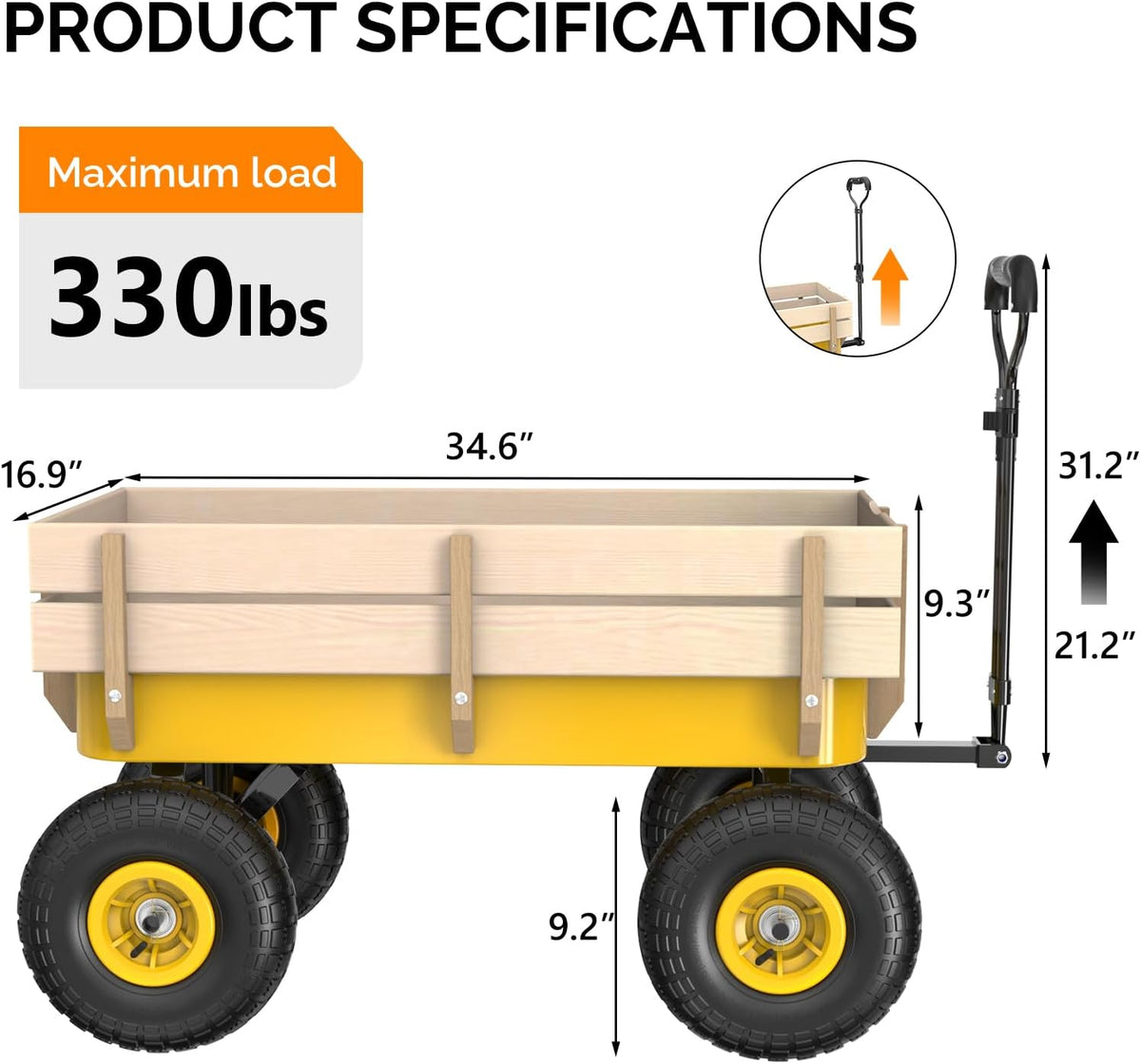 VINGLI Wagon Cart, Steel Frame and Wood Coated Railing, 330lbs All Terrain Wagon 9.2in Solid Tires