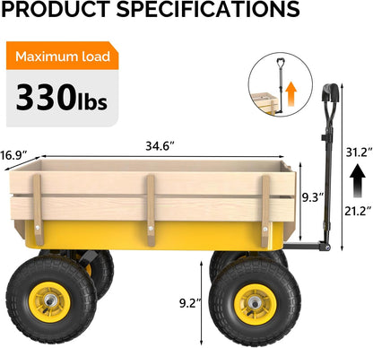 VINGLI Wagon Cart, Steel Frame and Wood Coated Railing, 330lbs All Terrain Wagon 9.2in Solid Tires
