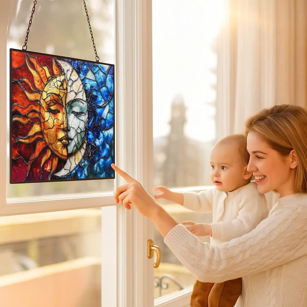 Rectangle Sun and Moon Suncatchers for Windows, Stained Glass Window Hangings,Hand-Painted Glass