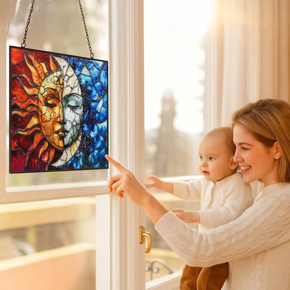 Rectangle Sun and Moon Stained Glass Suncatcher Window Hangings, Suncatchers Colorful Glass Panel