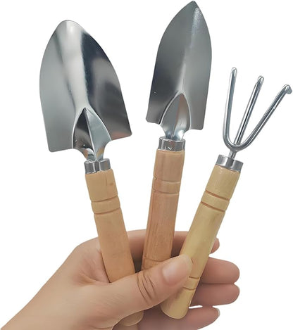 3 Pcs Mini Garden Tools Set Small Tiny Shovel Trowel and Hand Rake with Solid Wood Handle Indoor