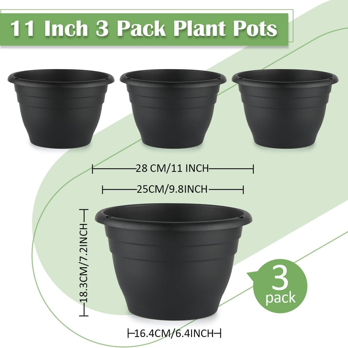 Plant Pots Indoor with Drainage, 3 Pack 11 Inch Plastic Pots for Plants（10 inch Inner Diameter）