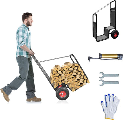 Firewood Cart: 44 X 27 X 20 in Heavy Duty 220 lbs Load Pneumatic Tires for Garden Backyard