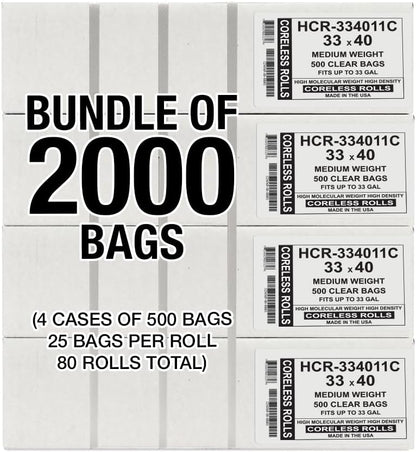 Aluf Plastics High Density Trash Bags, 33 Gallon, 2000 Count, 11 Micron (eq), 33" x 40", Clear, for