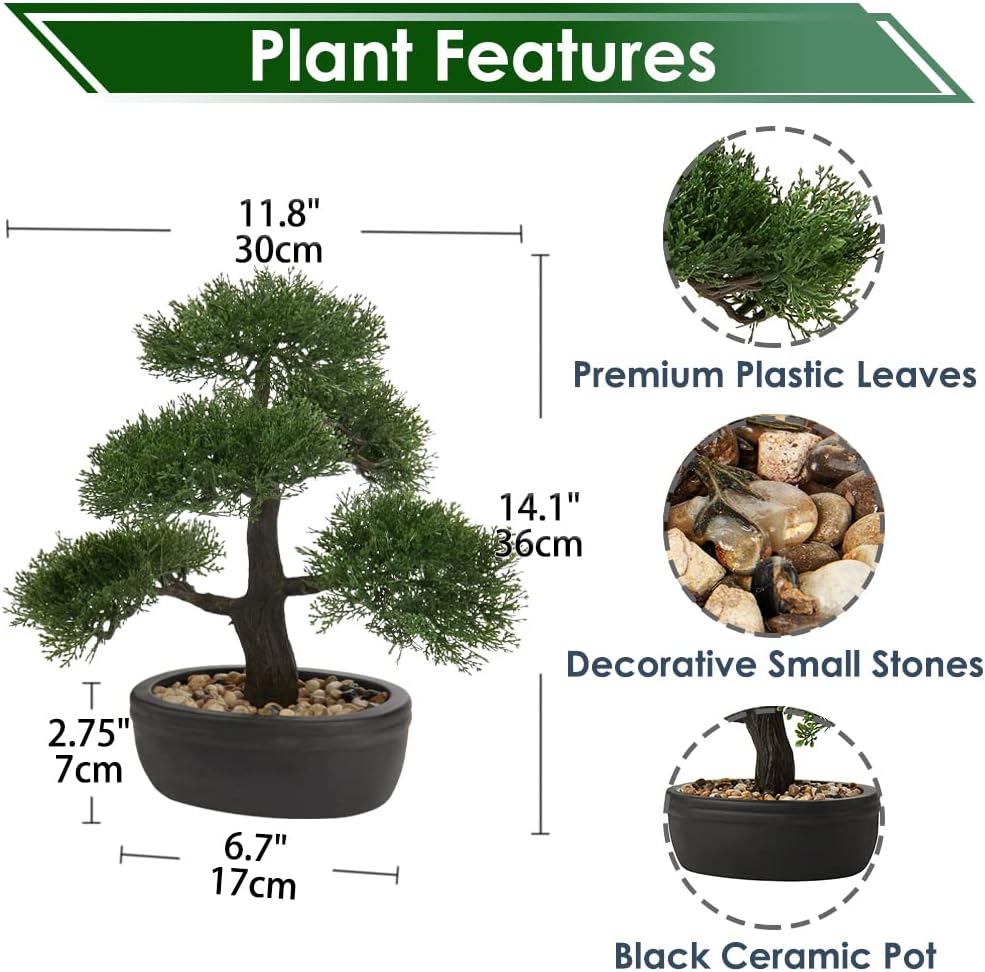 Artificial Bonsai Tree Juniper Faux Plants Indoor Small Fake Plants Decor with Black Plastic Pots