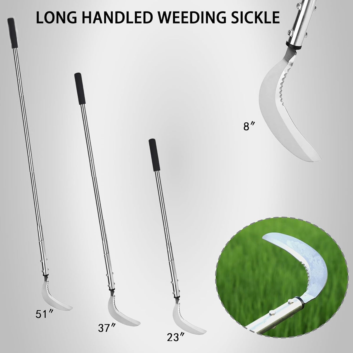 Weeding Sickle, Steel Grass Sickle with Serrated Double-Edged Blade, Telescoping Grass Whip, Stand