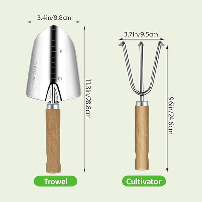 Garden Tool Set, 2 Pieces Stainless Steel Heavy Duty Garden Tools, Gardening Kit with Wooden Handle