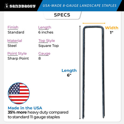 Sandbaggy USA Made 6-inch Landscape Staples - Garden Stakes - Landscaping Fabric, Netting, Sod