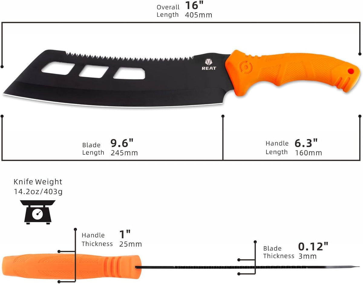REAT Machete with Saw,16" Heavy Duty Machete with Sheath, Dual-Purpose Gardening Machete Knife for