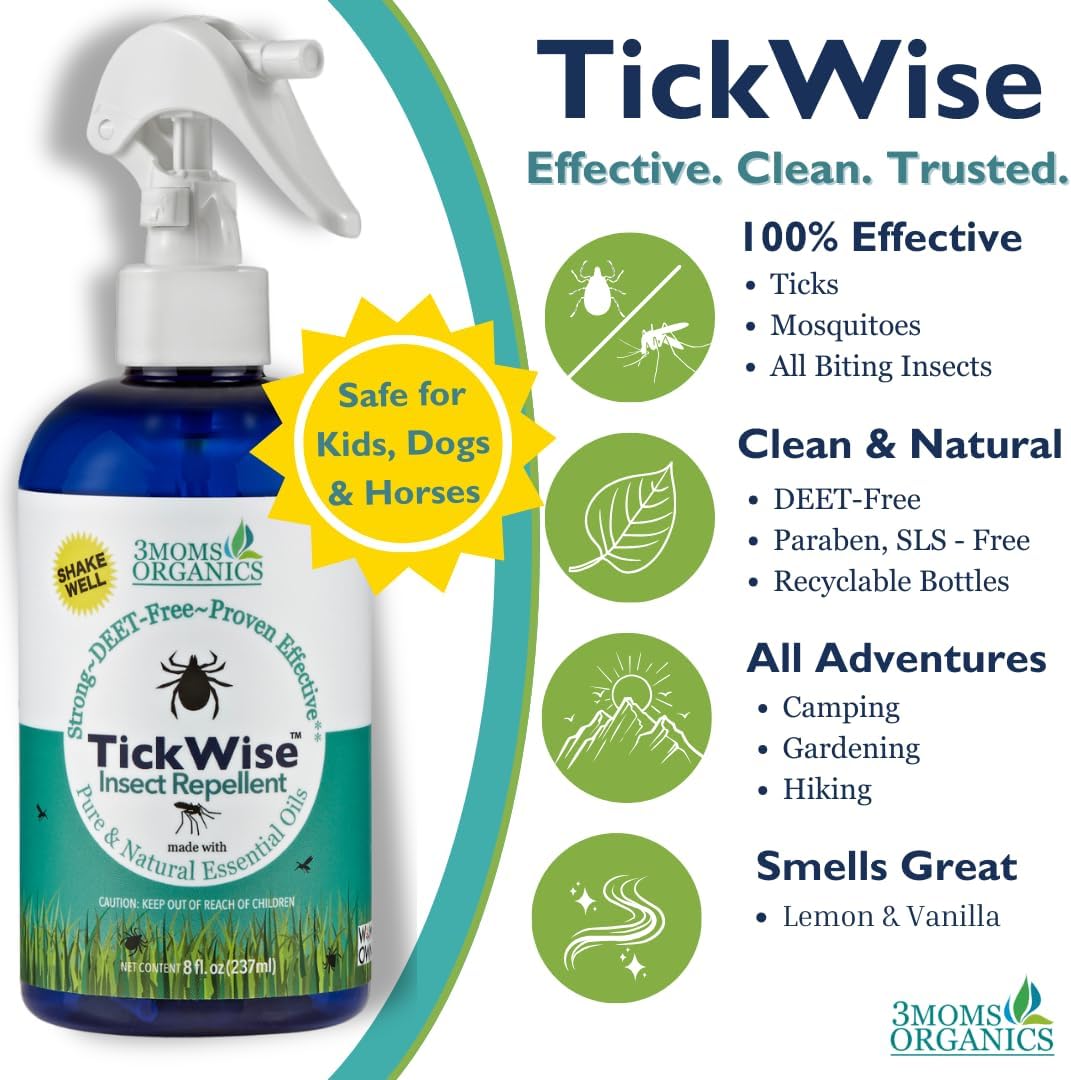 3 Moms Organics TickWise 8oz, Made with All Natural Essential Oils, DEET-Free, Tick and Insect