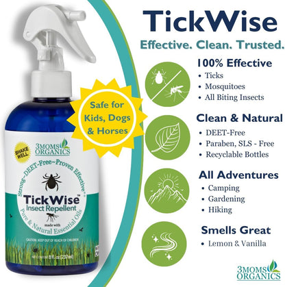 3 Moms Organics TickWise 8oz, Made with All Natural Essential Oils, DEET-Free, Tick and Insect