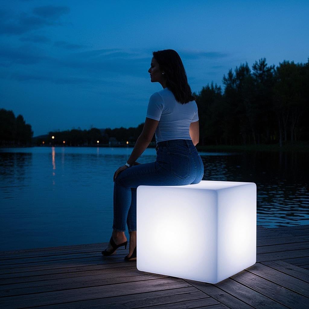 Mr.Go 20-inch LED Lighted Cube Table, Large LED Cube Chair Light, 16 RGB Colors Glowing Cube Seat