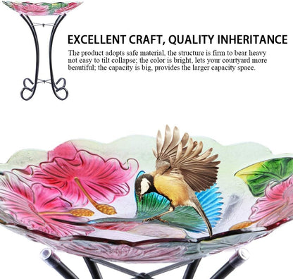 MUMTOP Outdoor Glass Birdbath with Metal Stand for Lawn Yard Garden Hummingbird Decor,18” Dia