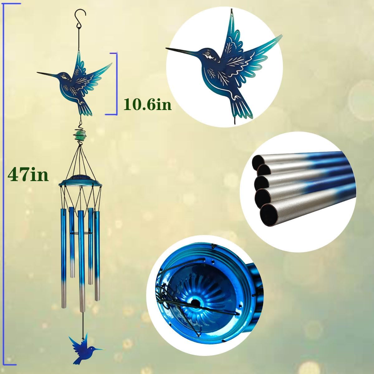 Outdoor Wind Chimes Hummingbird Metal WindChimes Gift for Outside/Indoors, Home, Lawn, Porch