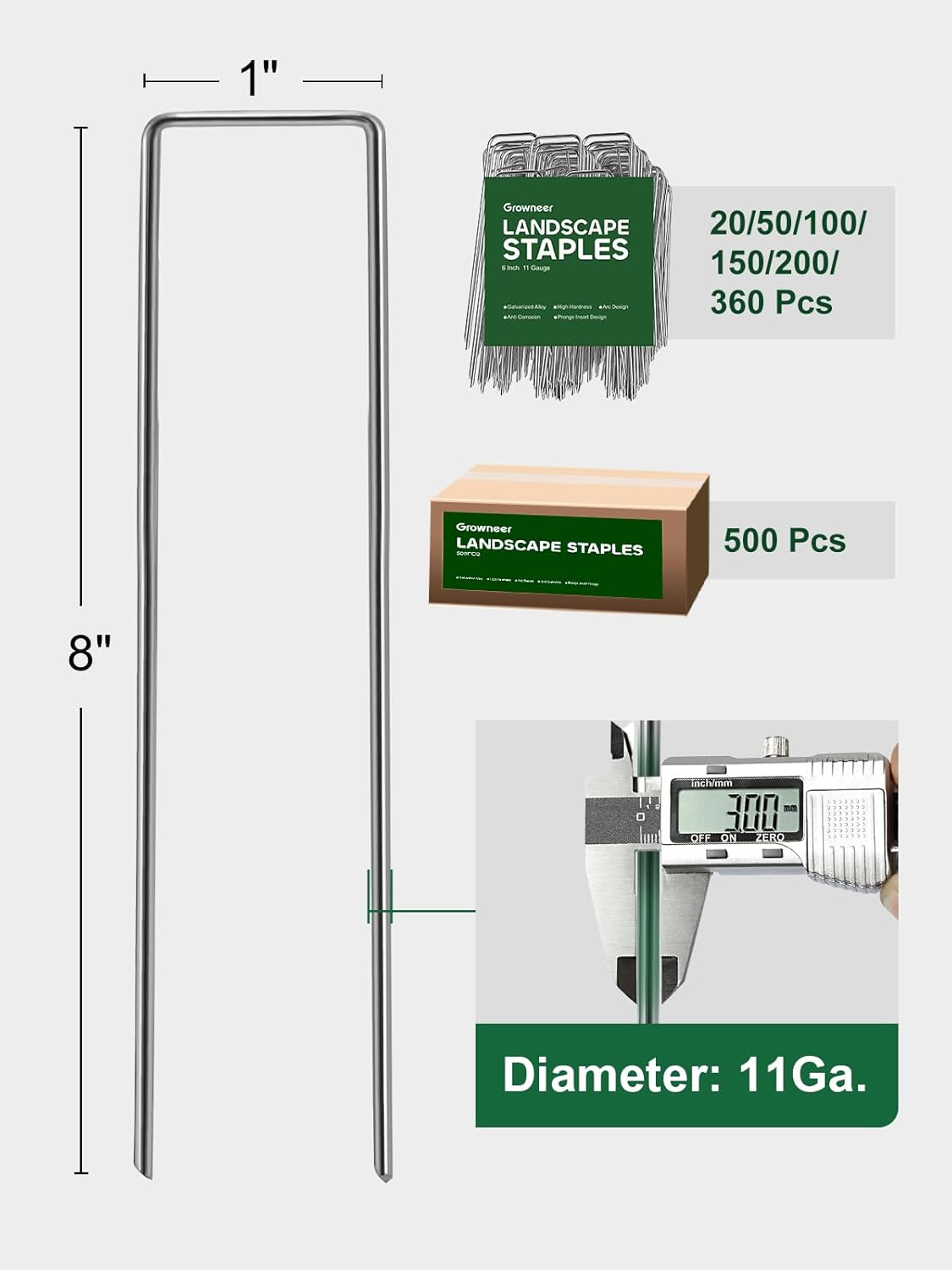 GROWNEER 8 Inch 50 Pack Landscape Staples Heavy Duty 11 Gauge Galvanized Steel Garden Stakes