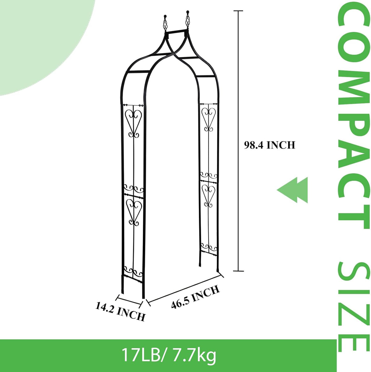 Garden Arch Trellis 14.2" L x 46.5" W x 98.4" H, Black Iron Arbor, Courtyard Arbor Trellis for