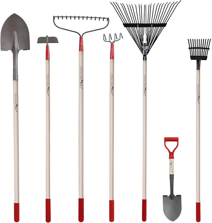 GardenAll 7-Piece Shovels Rakes Hoe Set Garden Tools Gifts for Women Long Wood Handle Pointy