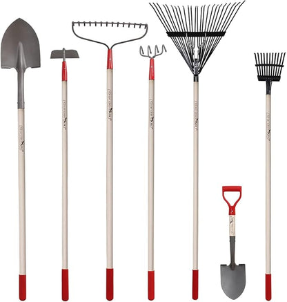 GardenAll 7-Piece Shovels Rakes Hoe Set Garden Tools Gifts for Women Long Wood Handle Pointy