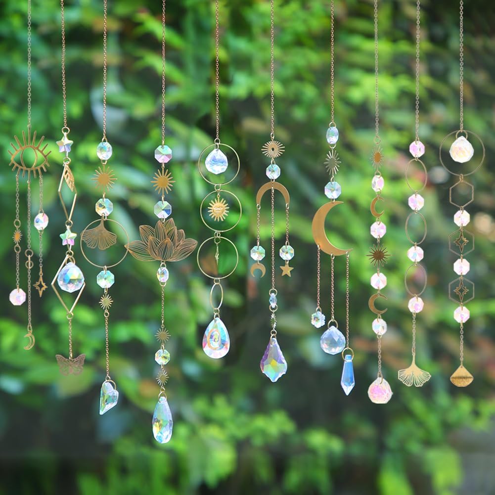 Sun Catchers, 10 Pieces Colorful Crystal Suncatcher with Chain Pendant Ornaments Hanging Crystals