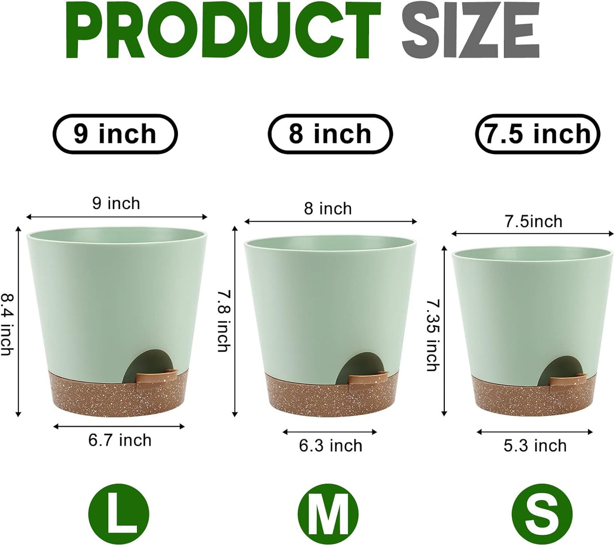 Indoor Self Watering Planters with Drainage Holes and Saucers, 9,8, 7.5 Inches, Green, 3 Pots