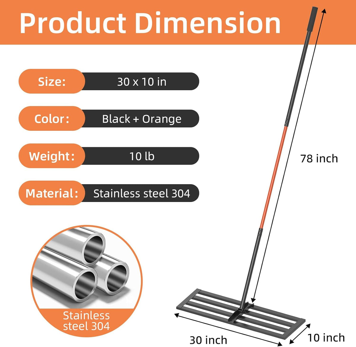 Lawn Leveling Rake 30"x10", Heavy-Duty Stainless Steel Yard Leveling Rake, Professional Soil
